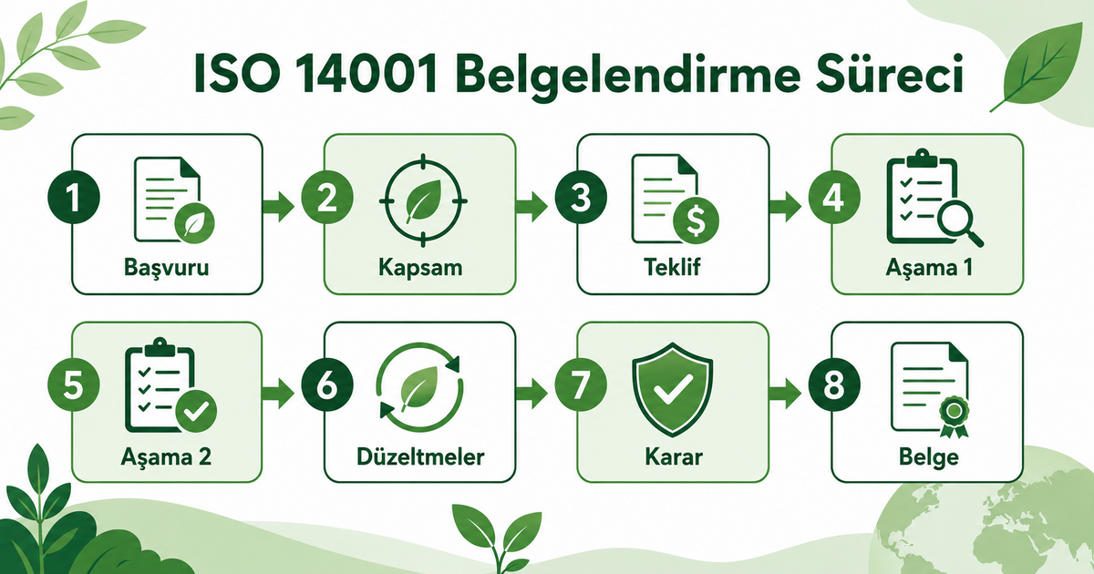 ISO 14001 belgelendirme sürecinin başvuru, kapsam, teklif, Aşama 1, Aşama 2, düzeltmeler, karar ve belge adımlarını gösteren diyagram