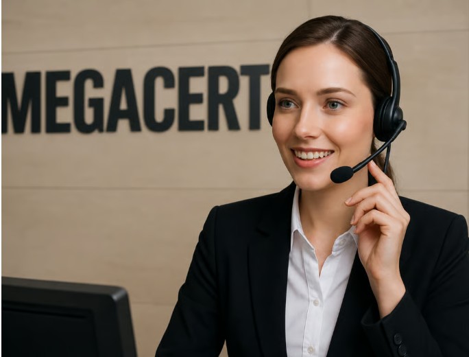 MEGACERT müşteri iletişim ekibi kulaklıkla telefon görüşmesi yapıyor