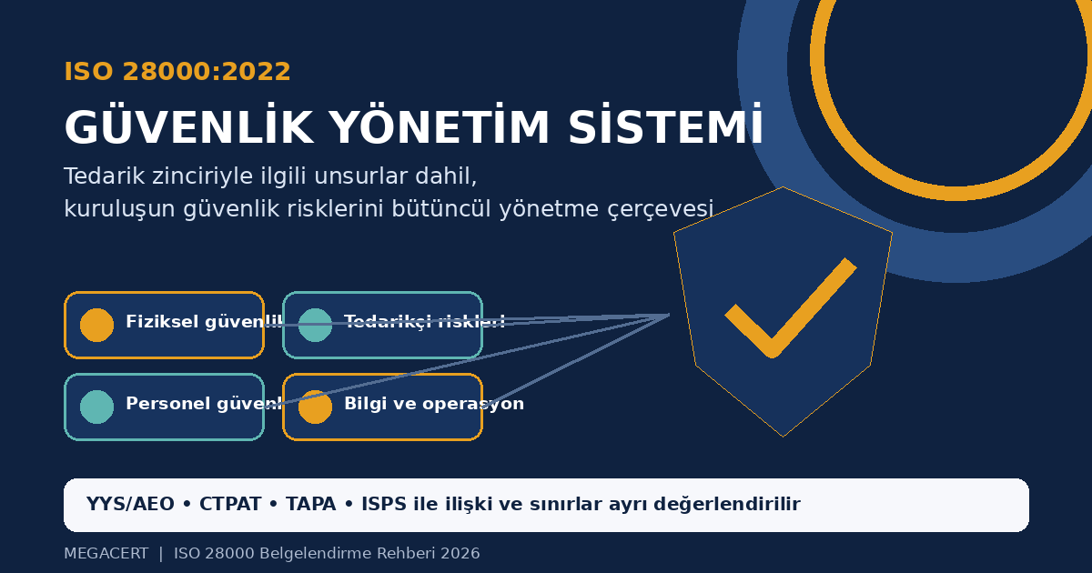 ISO 28000 güvenlik yönetim sistemi; fiziksel güvenlik, personel, tedarikçi ve bilgi riskleri