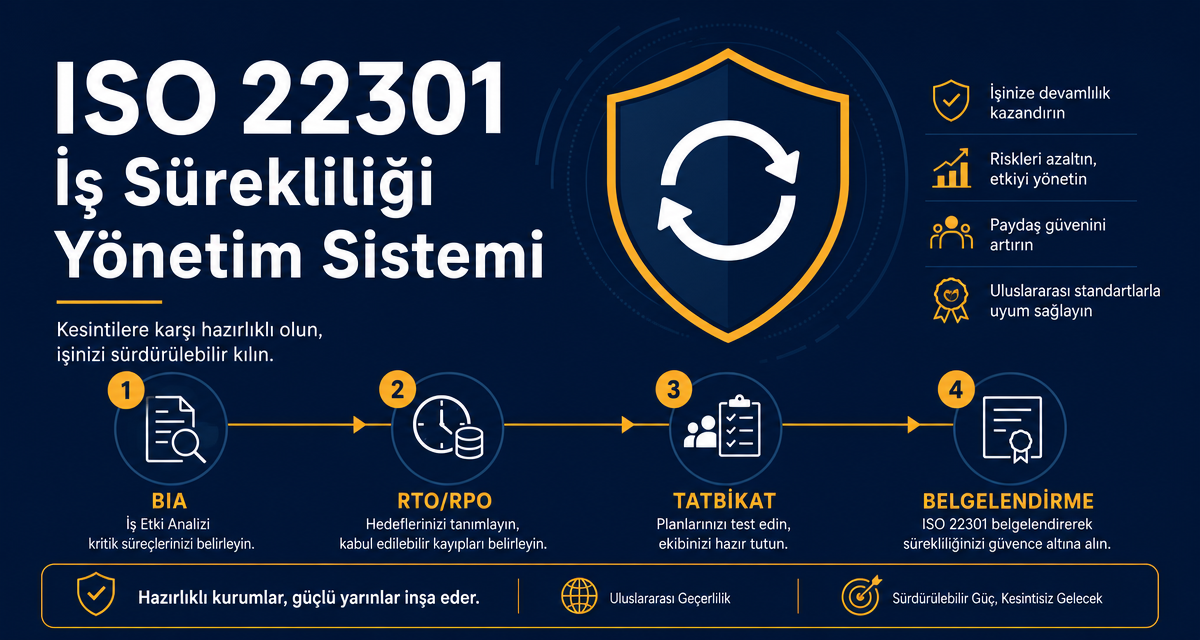 ISO 22301 iş sürekliliği yönetim sistemi, BIA, RTO, RPO ve tatbikat rehberi